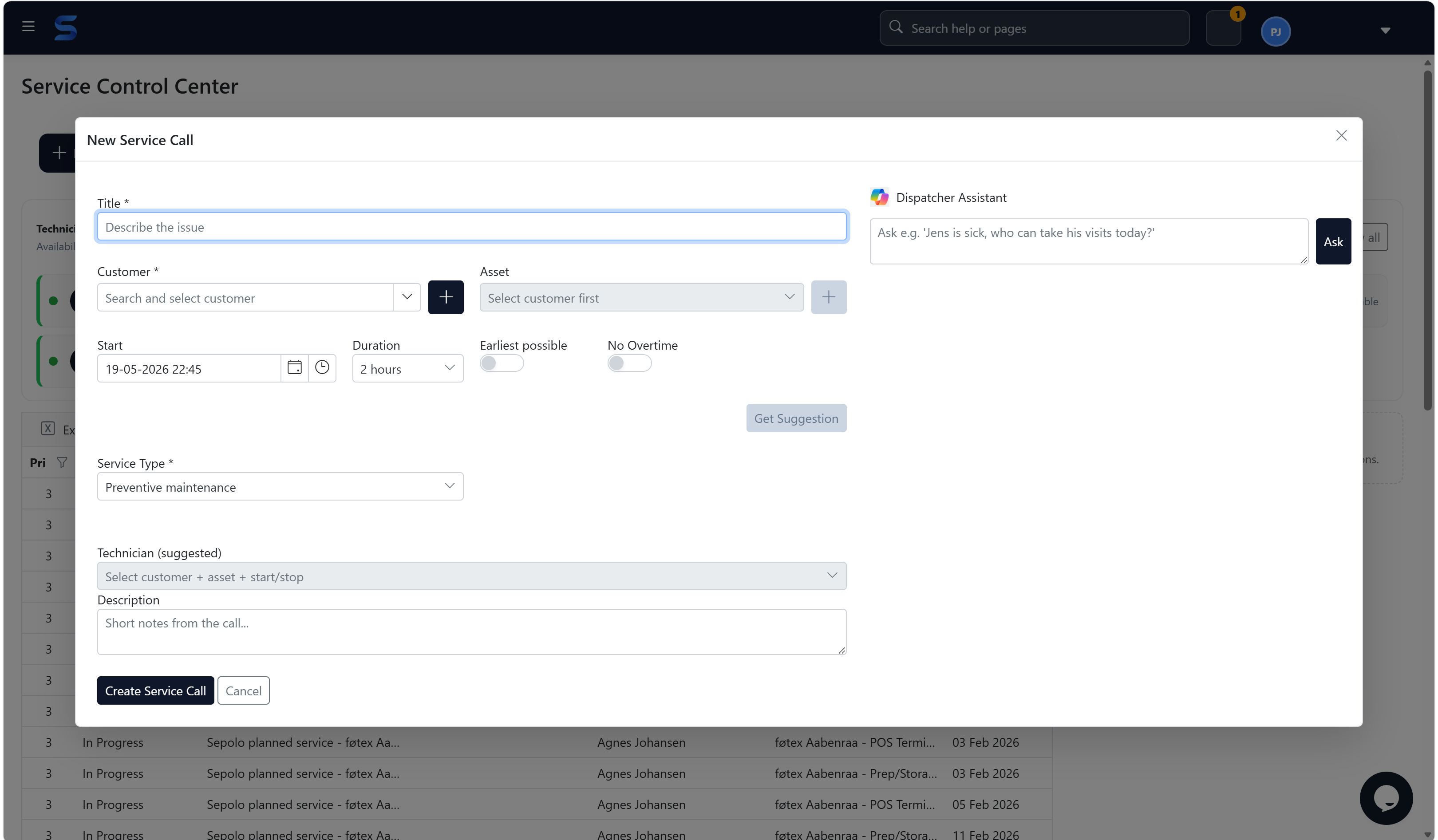 Sepolo Service Control Center mit neuer Serviceanfrage, Microsoft Copilot Dispatcher Assistant und Impact Mapping